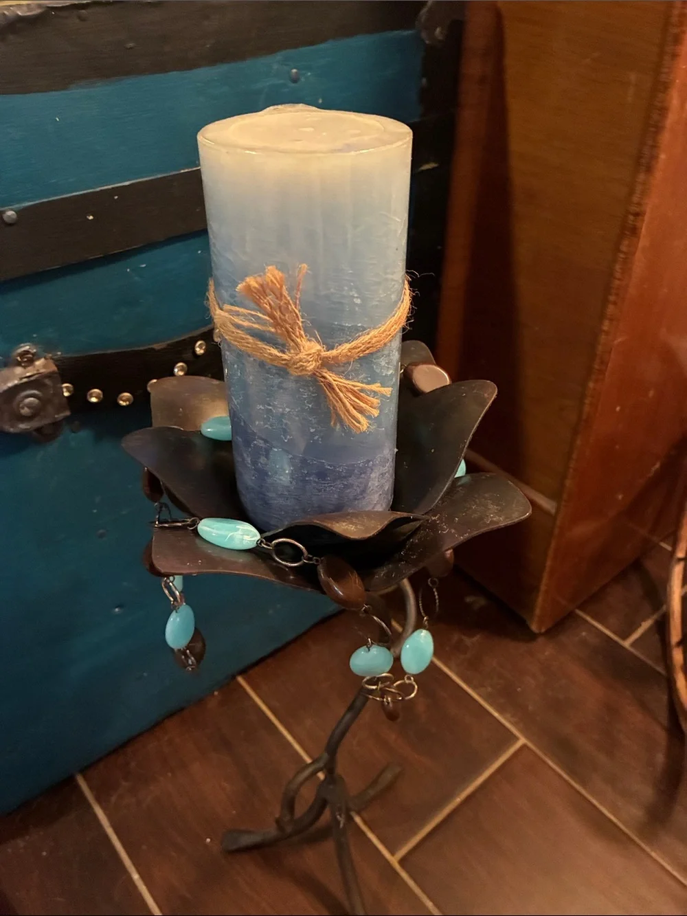 Decorative Blue Pillar Candle Holder with Turquoise Accents